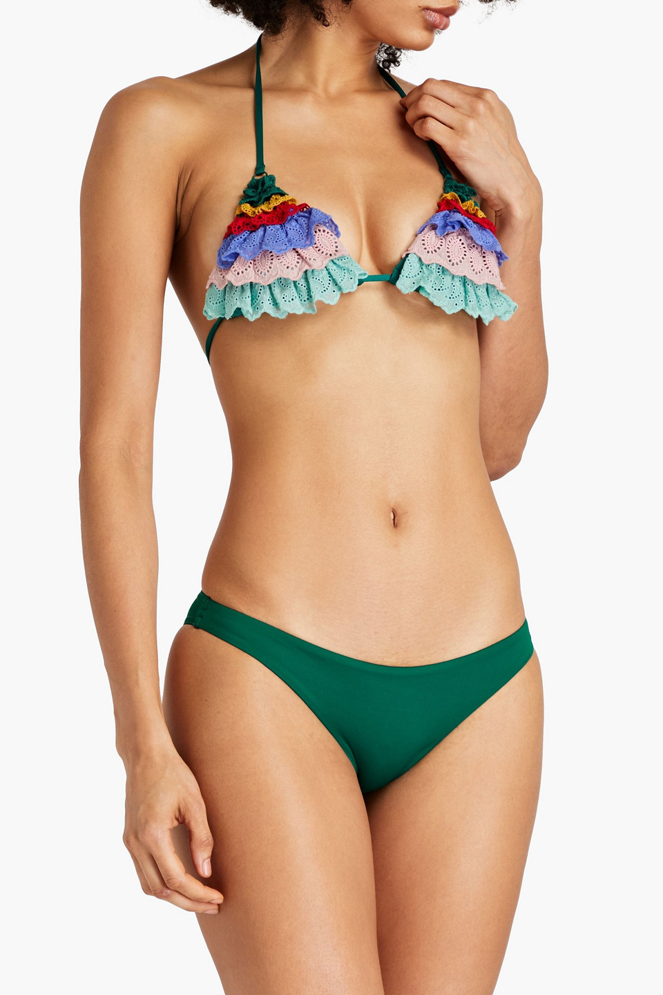 Shop Zimmermann Ruffled Broderie Anglaise Cotton Triangle Bikini In Emerald