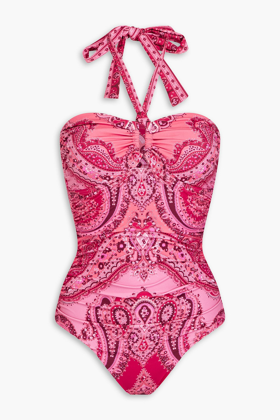 Zimmermann Gathered Paisley-print Halterneck Bandeau Swimsuit In Bubblegum