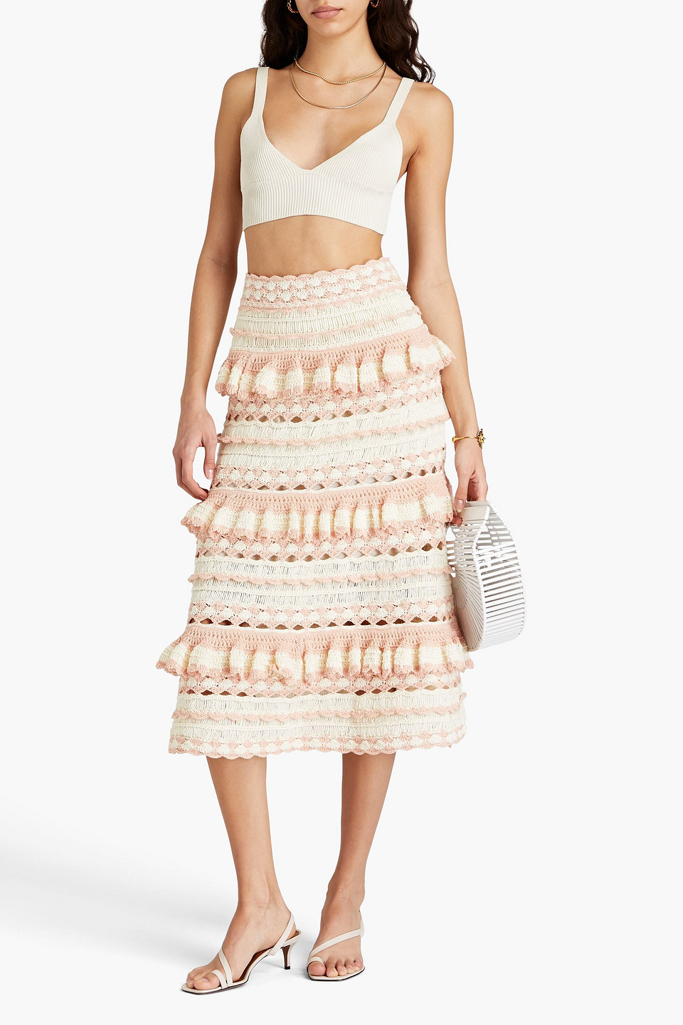 Shop Zimmermann Tiered Crocheted Cotton Midi Skirt In Cream