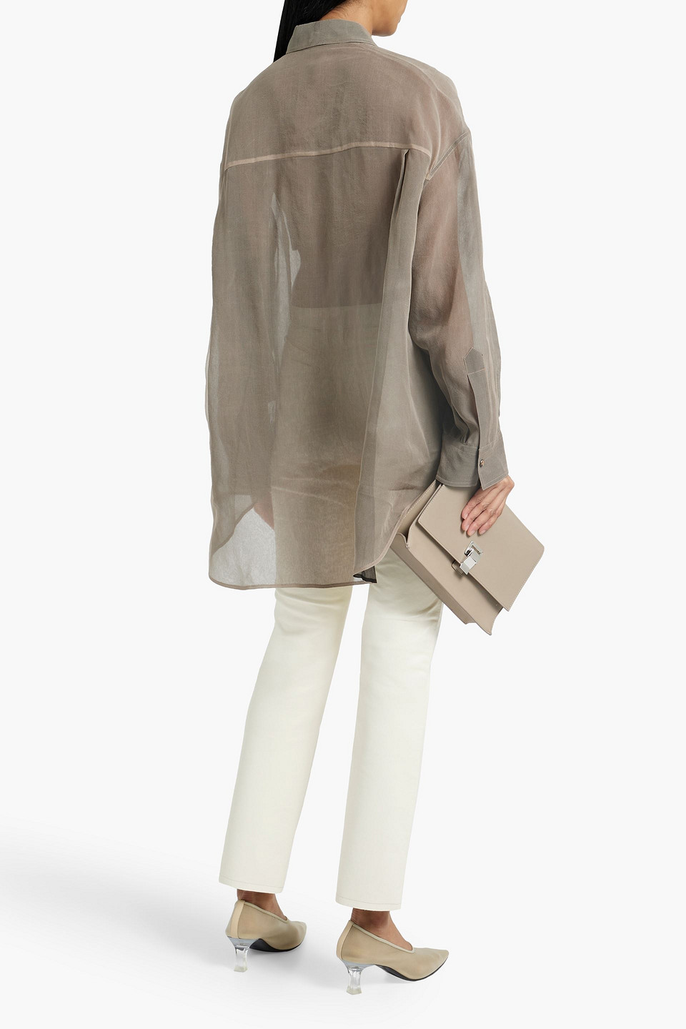 Shop Brunello Cucinelli Bead-embellished Silk-organza Shirt In Taupe