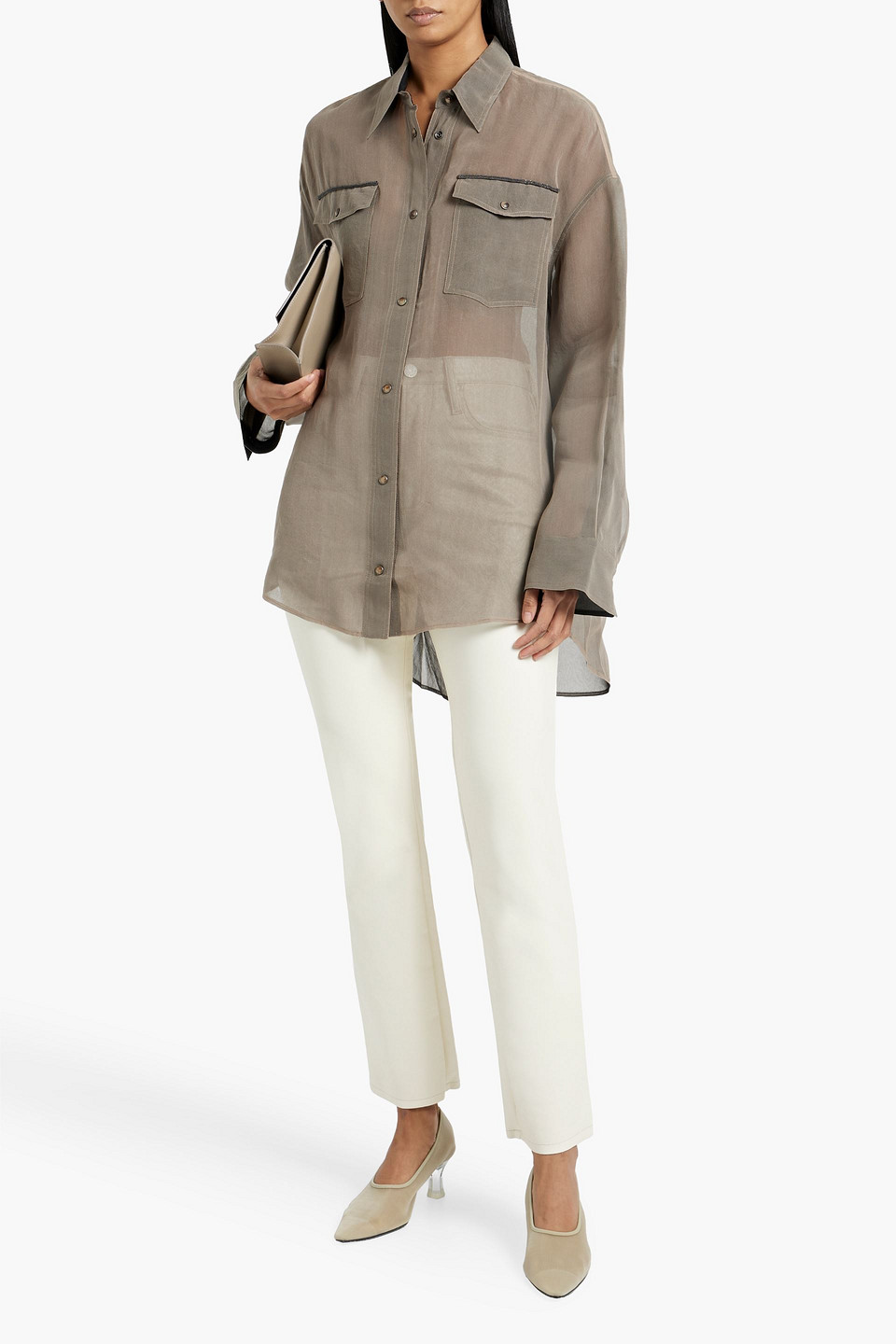 Shop Brunello Cucinelli Bead-embellished Silk-organza Shirt In Taupe