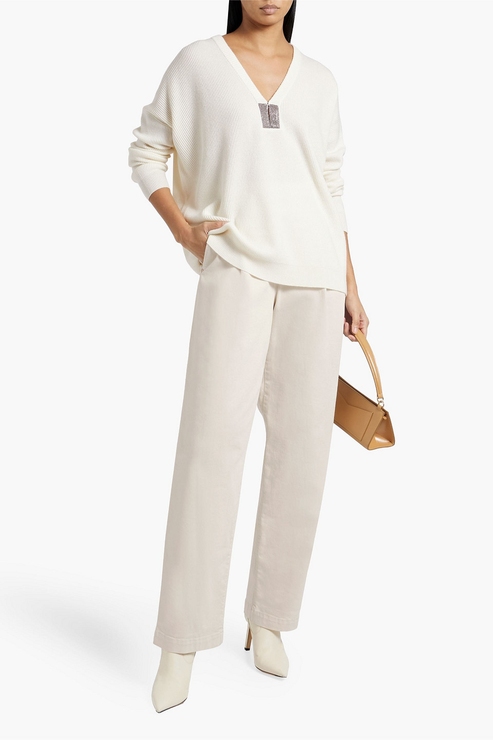 Shop Brunello Cucinelli Pleated High-rise Straight-leg Jeans In Ecru