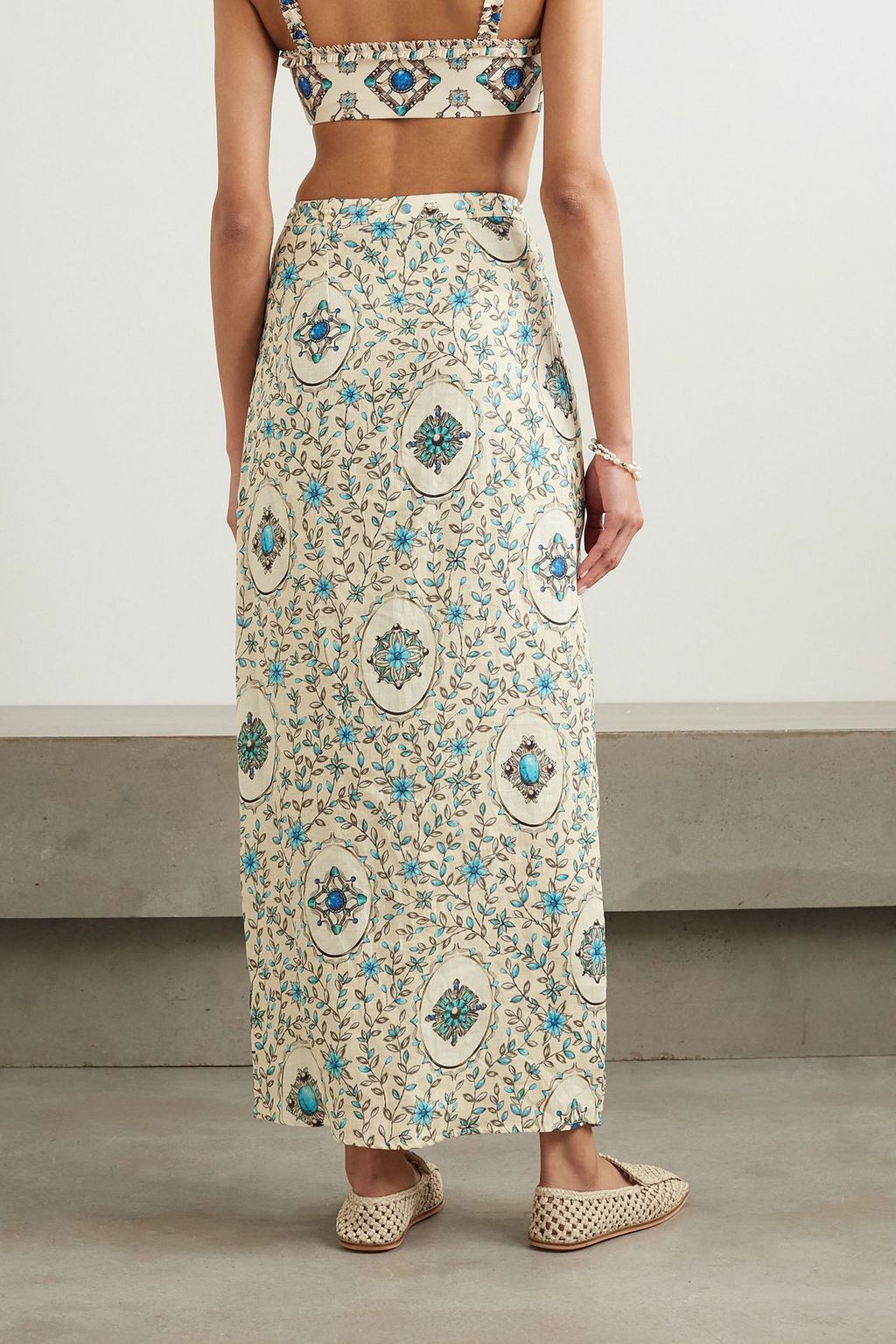 AGUA BY AGUA BENDITA Embellished printed linen maxi skirt