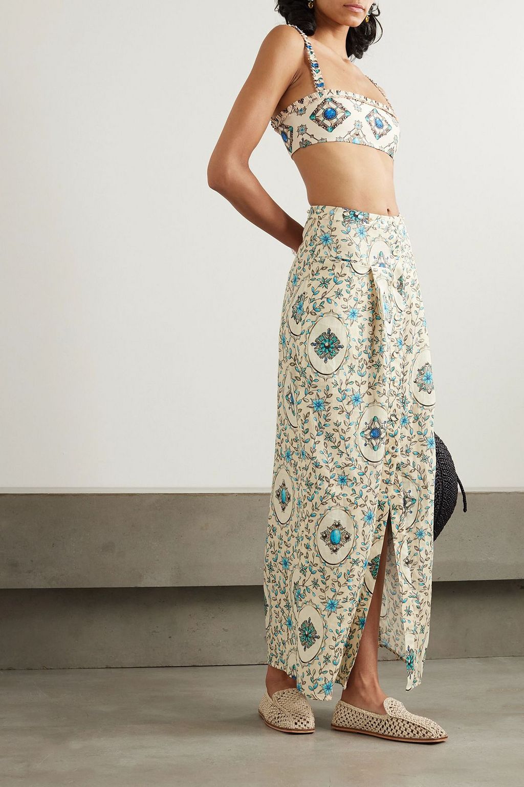 AGUA BY AGUA BENDITA Embellished printed linen maxi skirt