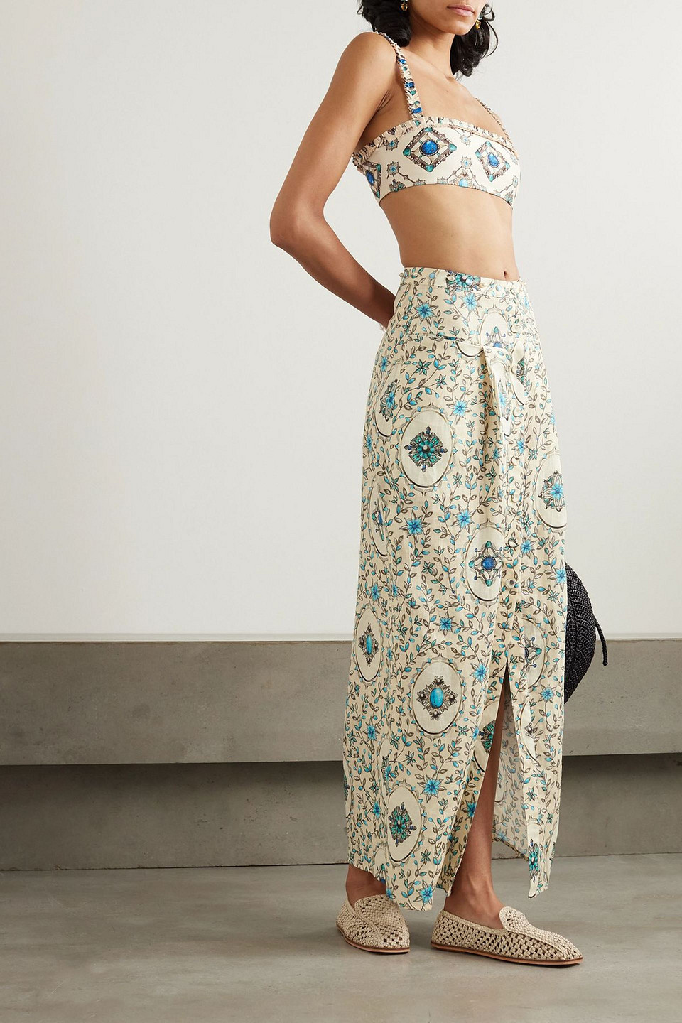 Agua By Agua Bendita Embellished Printed Linen Maxi Skirt In Multi