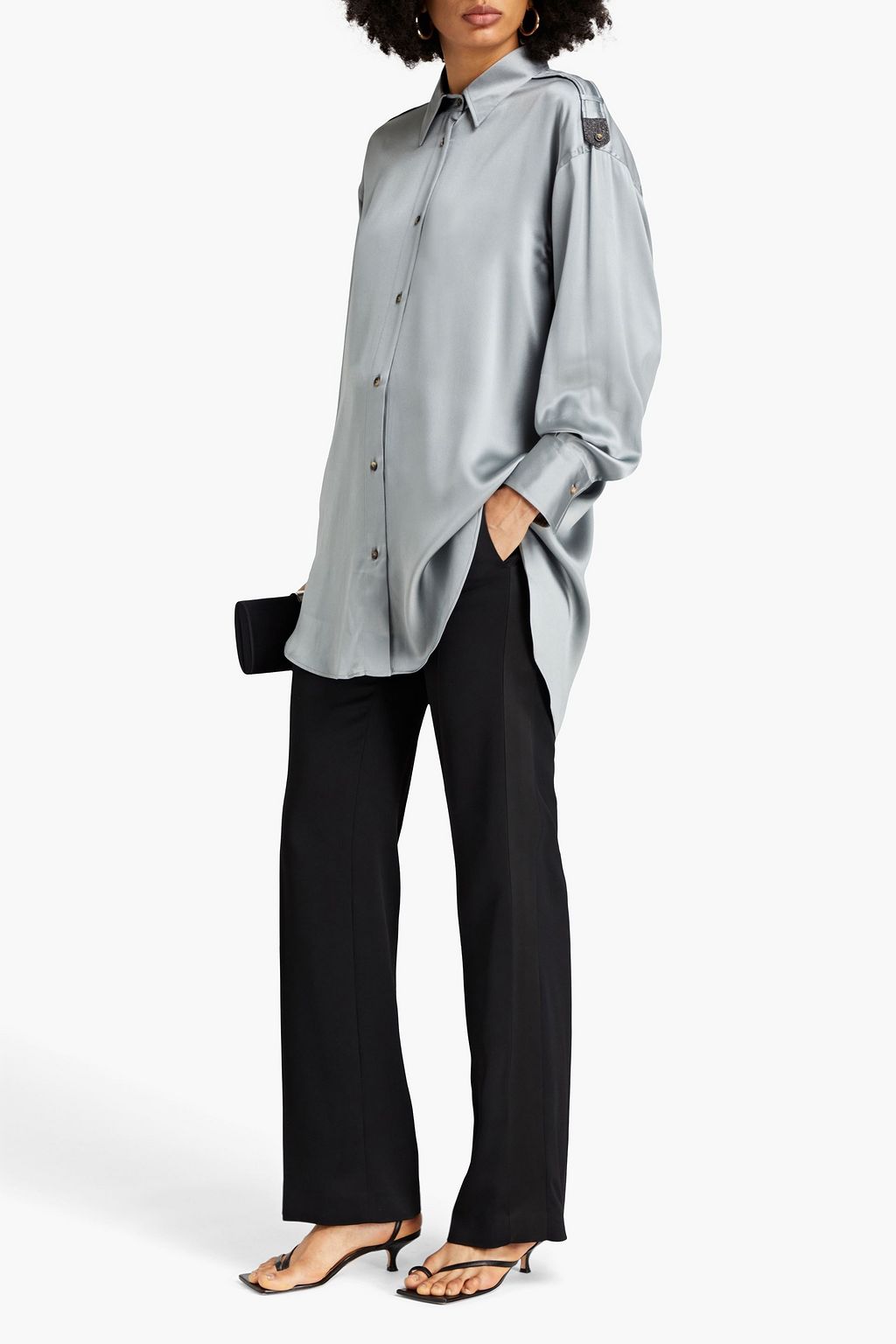 BRUNELLO CUCINELLI Bead-embellished stretch-silk satin shirt