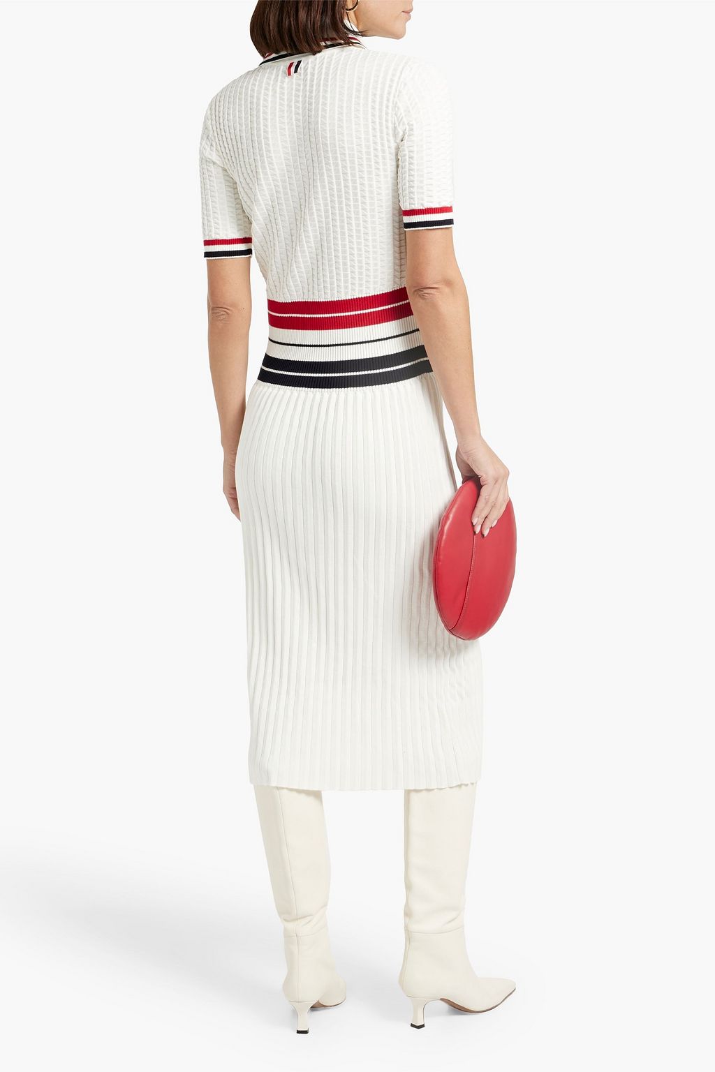 THOM BROWNE 스트라이프 리브 코튼 혼방 미디 셔츠 드레스