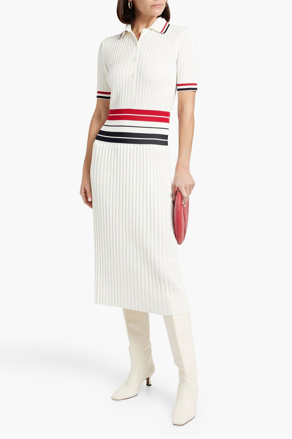 THOM BROWNE 스트라이프 리브 코튼 혼방 미디 셔츠 드레스