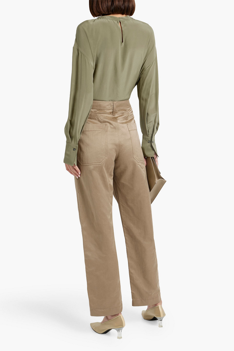 Shop Brunello Cucinelli Bead-embellished Cutout Silk Crepe De Chine Blouse In Army Green