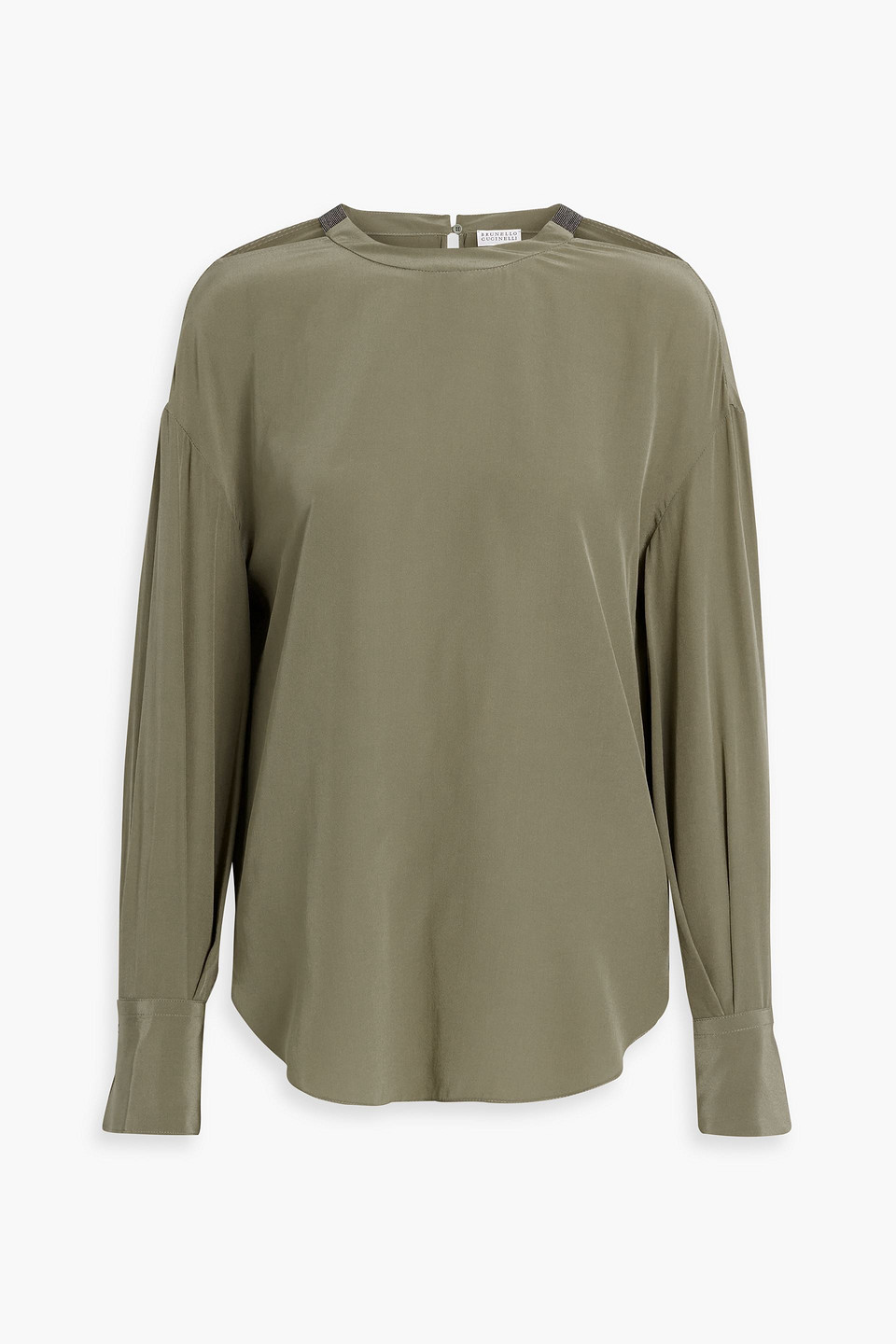 Brunello Cucinelli Bead-embellished Cutout Silk Crepe De Chine Blouse In Army Green