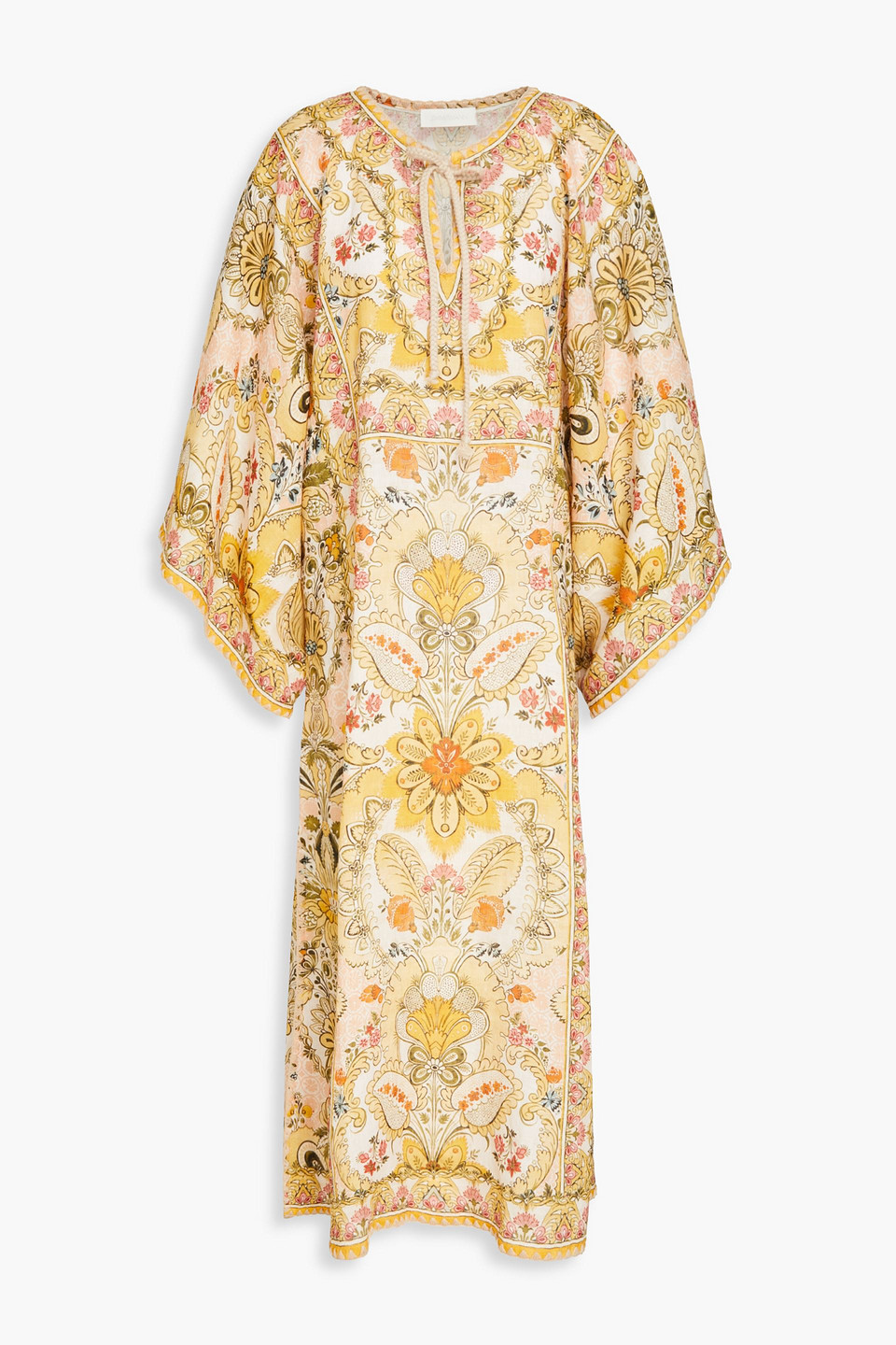 Zimmermann Embroidered Printed Linen Kaftan In Mustard