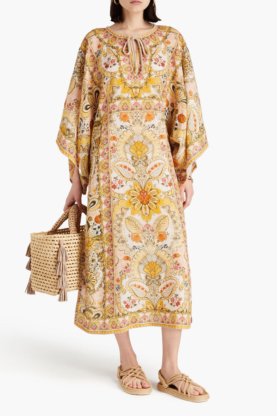 Zimmermann Embroidered Printed Linen Kaftan In Mustard