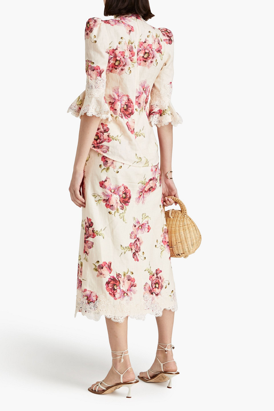 Shop Zimmermann Lace-trimmed Floral-print Linen Midi Skirt In Cream