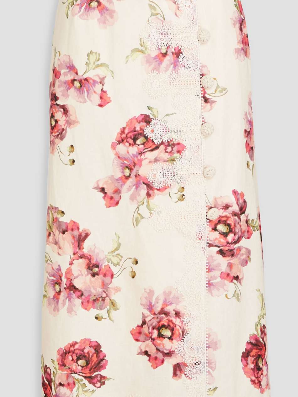 lace-trimmed floral-print linen midi skirt