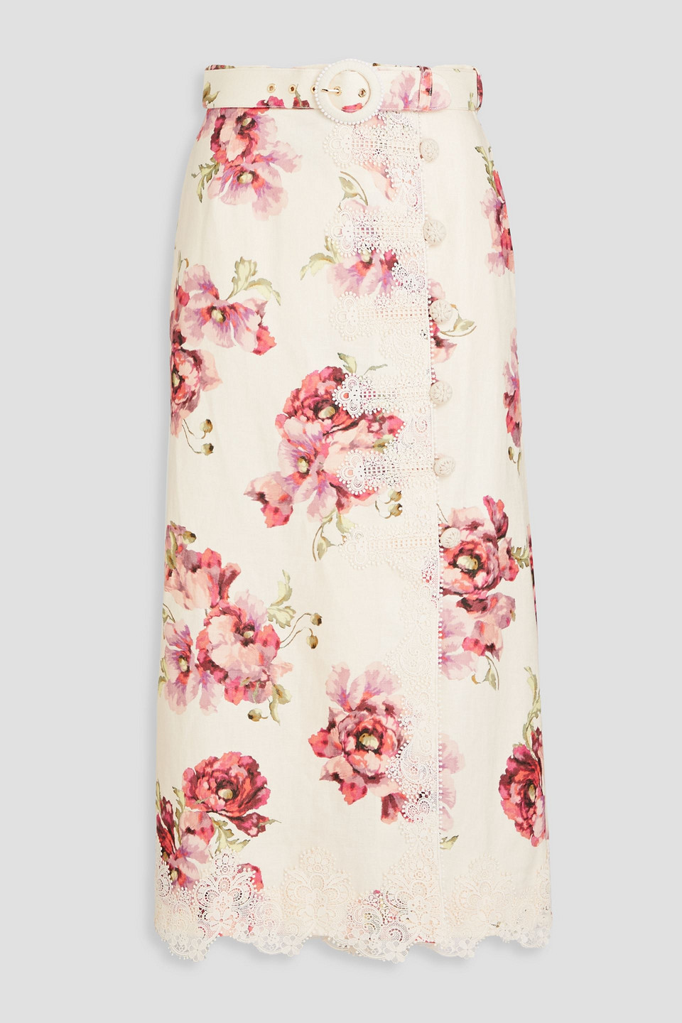 Lace-trimmed floral-print linen midi skirt
