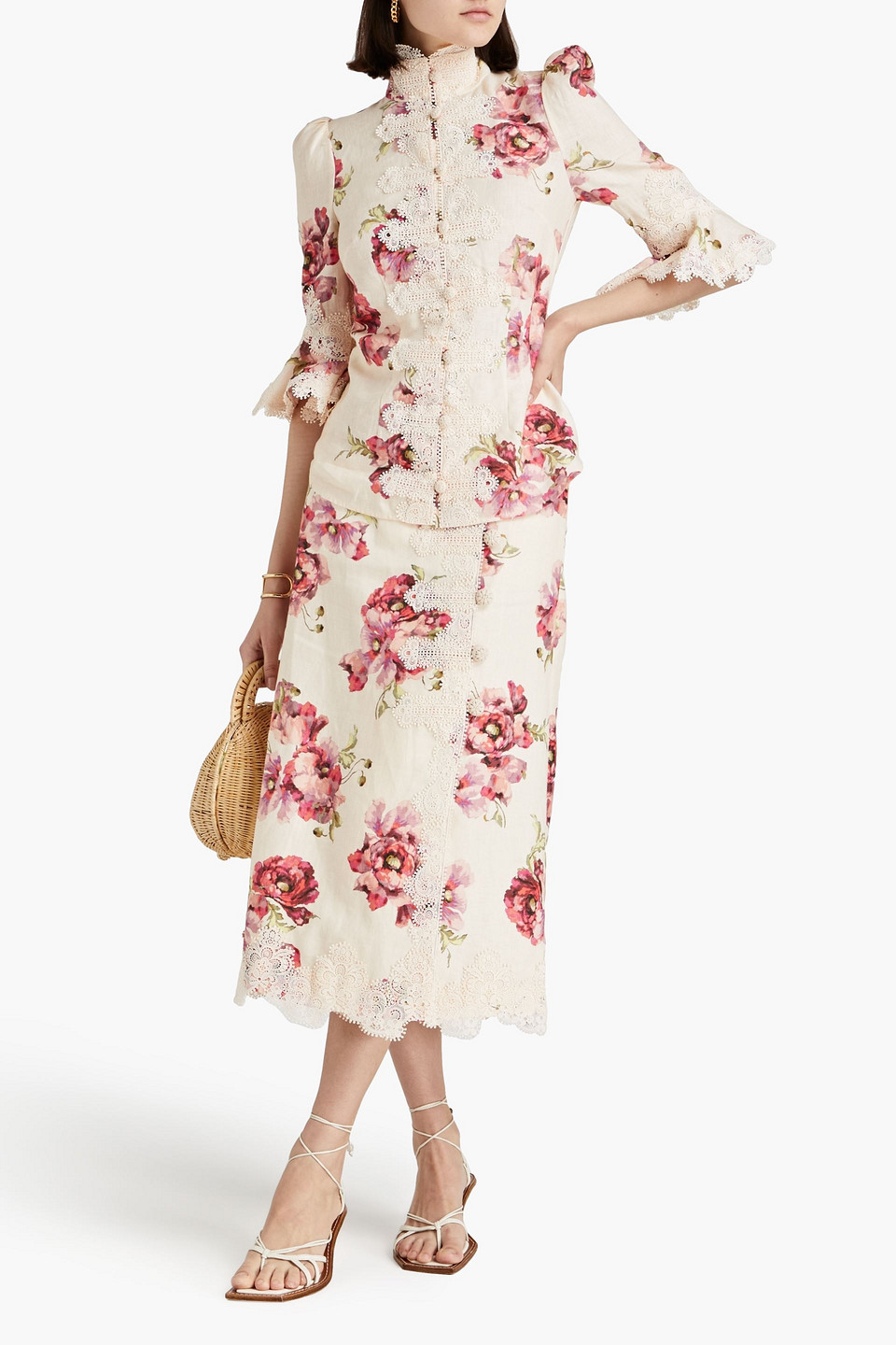 Shop Zimmermann Lace-trimmed Floral-print Linen Midi Skirt In Cream