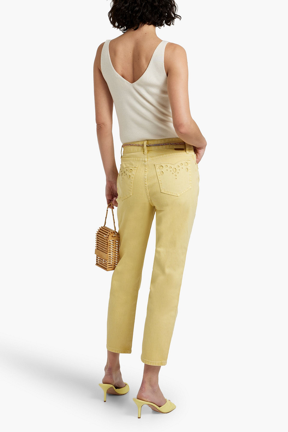 Shop Zimmermann Cropped Broderie Anglaise-trimmed Mid-rise Tapered Jeans In Yellow