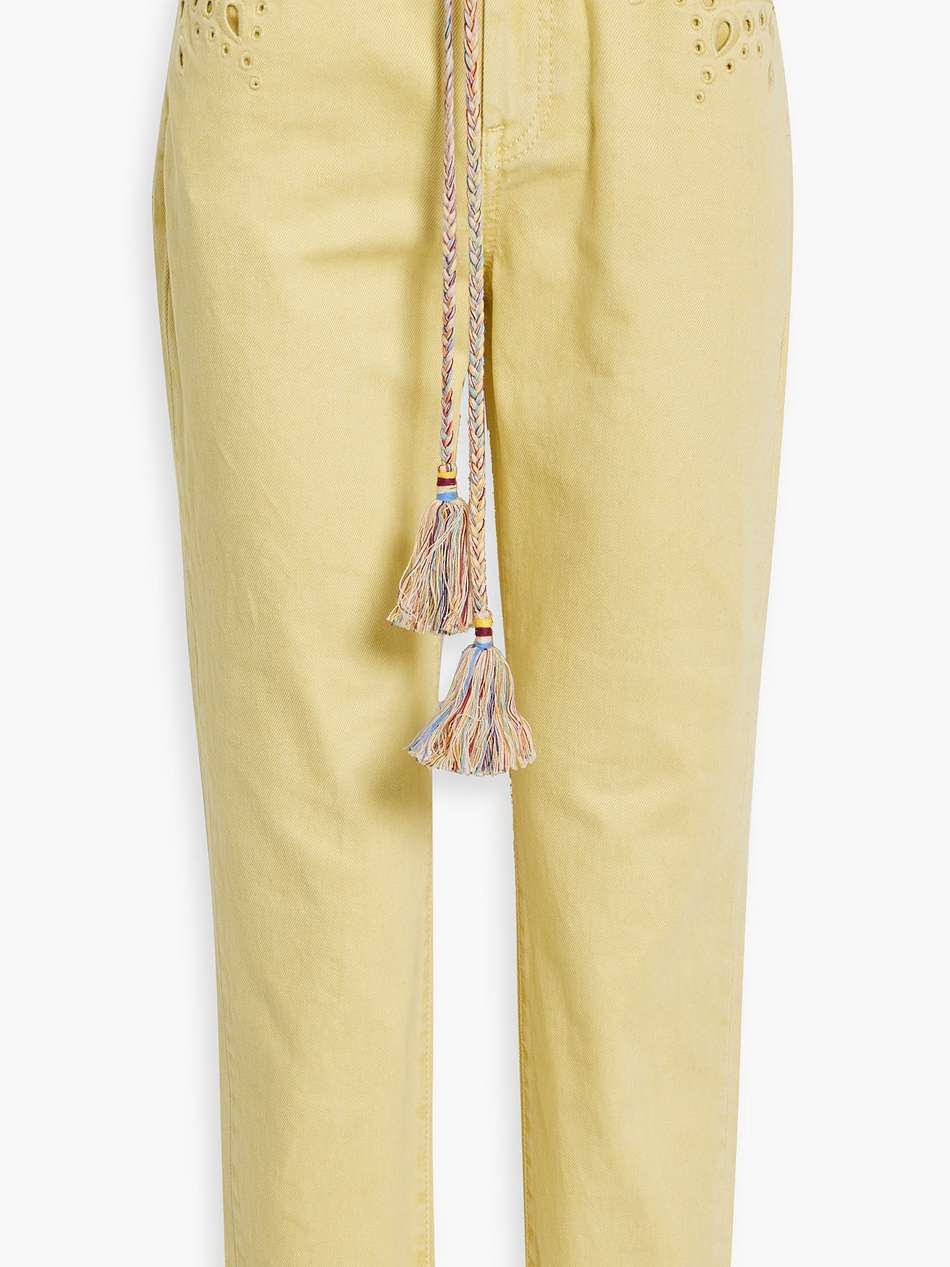 cropped broderie anglaise-trimmed mid-rise tapered jeans