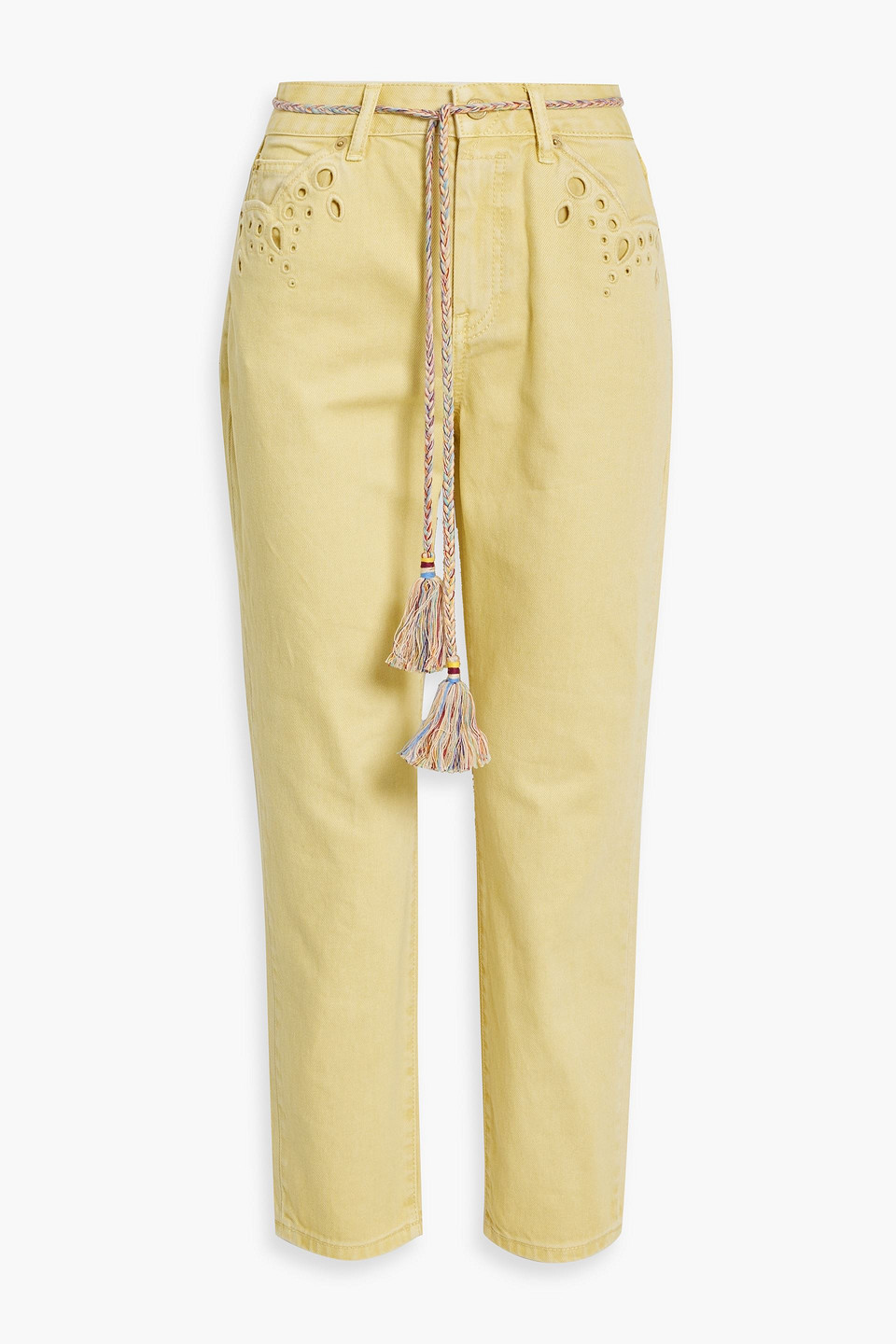 Zimmermann Clover Belted Cropped Broderie Anglaise-trimmed Mid-rise Tapered Jeans In Yellow