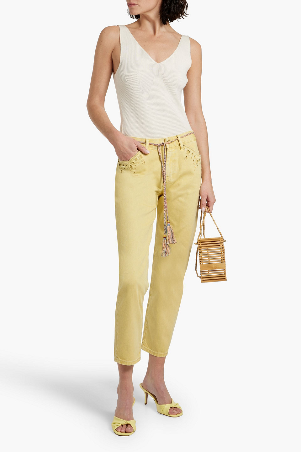 Shop Zimmermann Cropped Broderie Anglaise-trimmed Mid-rise Tapered Jeans In Yellow