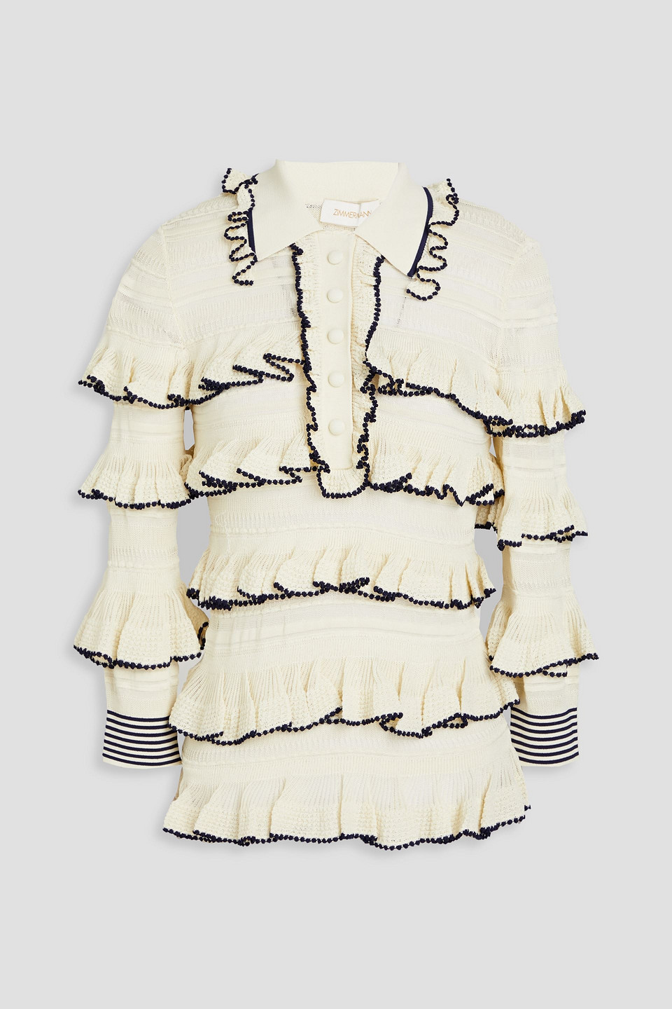 Zimmermann Ruffled Crochet-knit Polo Sweater In Neutral