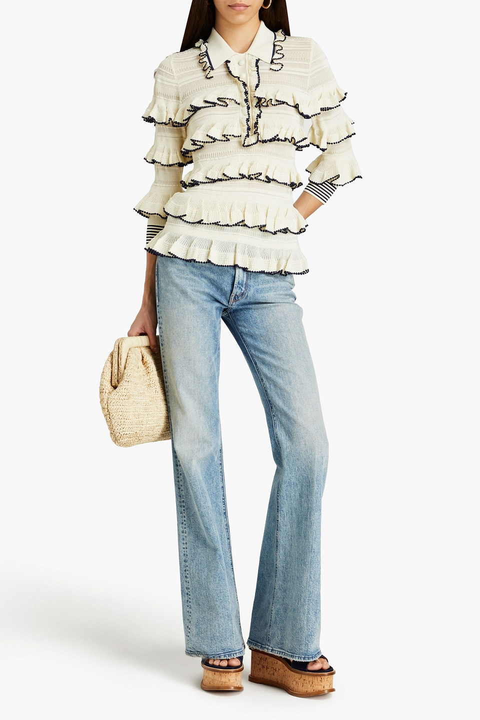 Zimmermann Ruffled Crochet-knit Polo Sweater In Creme