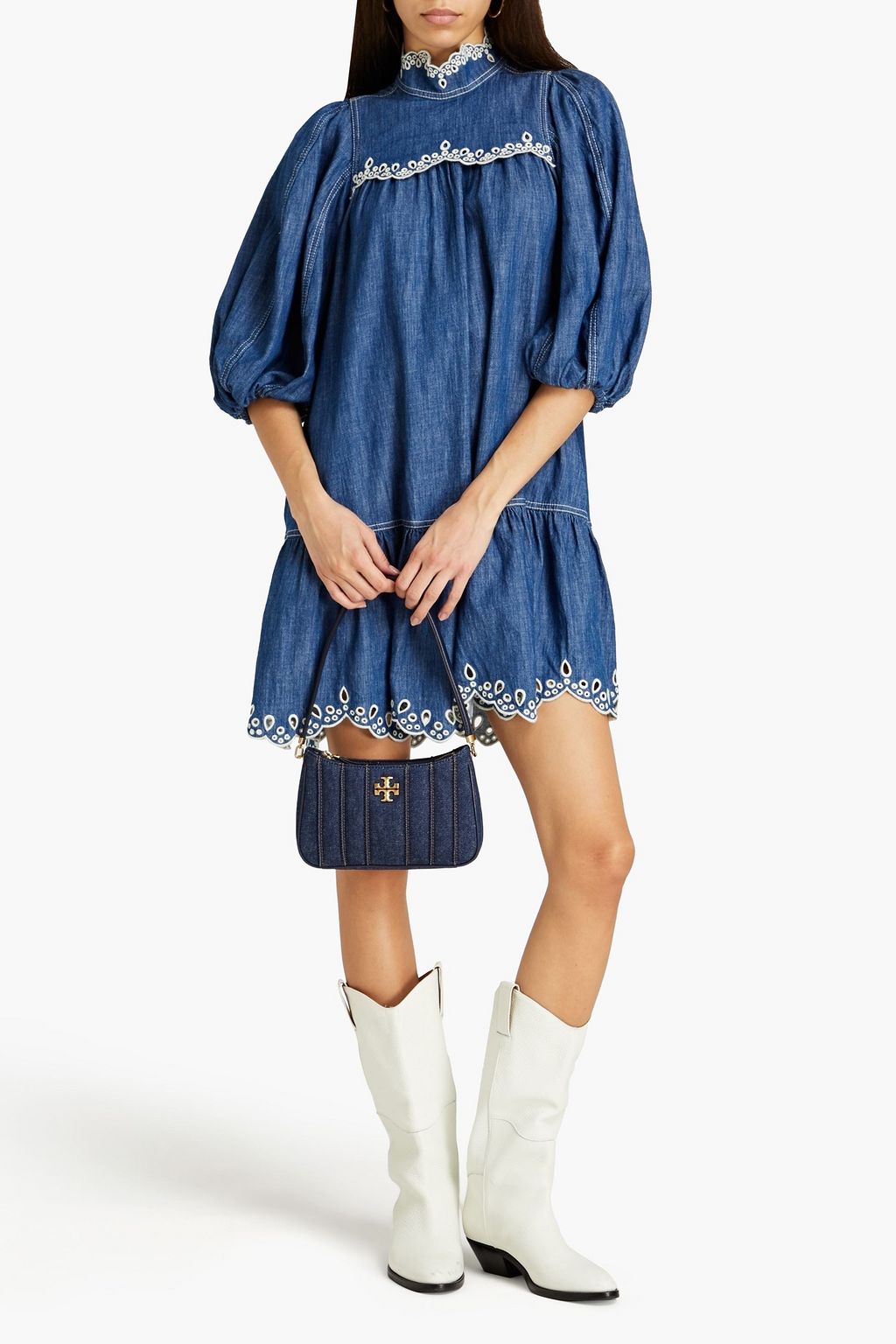 ZIMMERMANN Broderie anglaise-trimmed denim mini dress