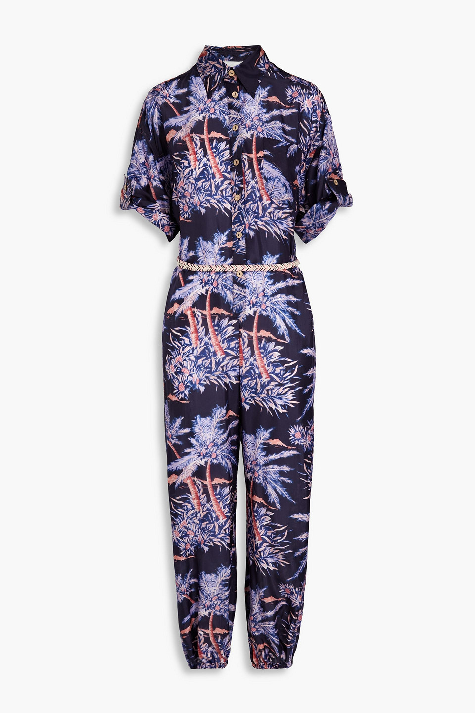 Zimmermann Laurel Belted Printed Silk Jumpsuit In Navy