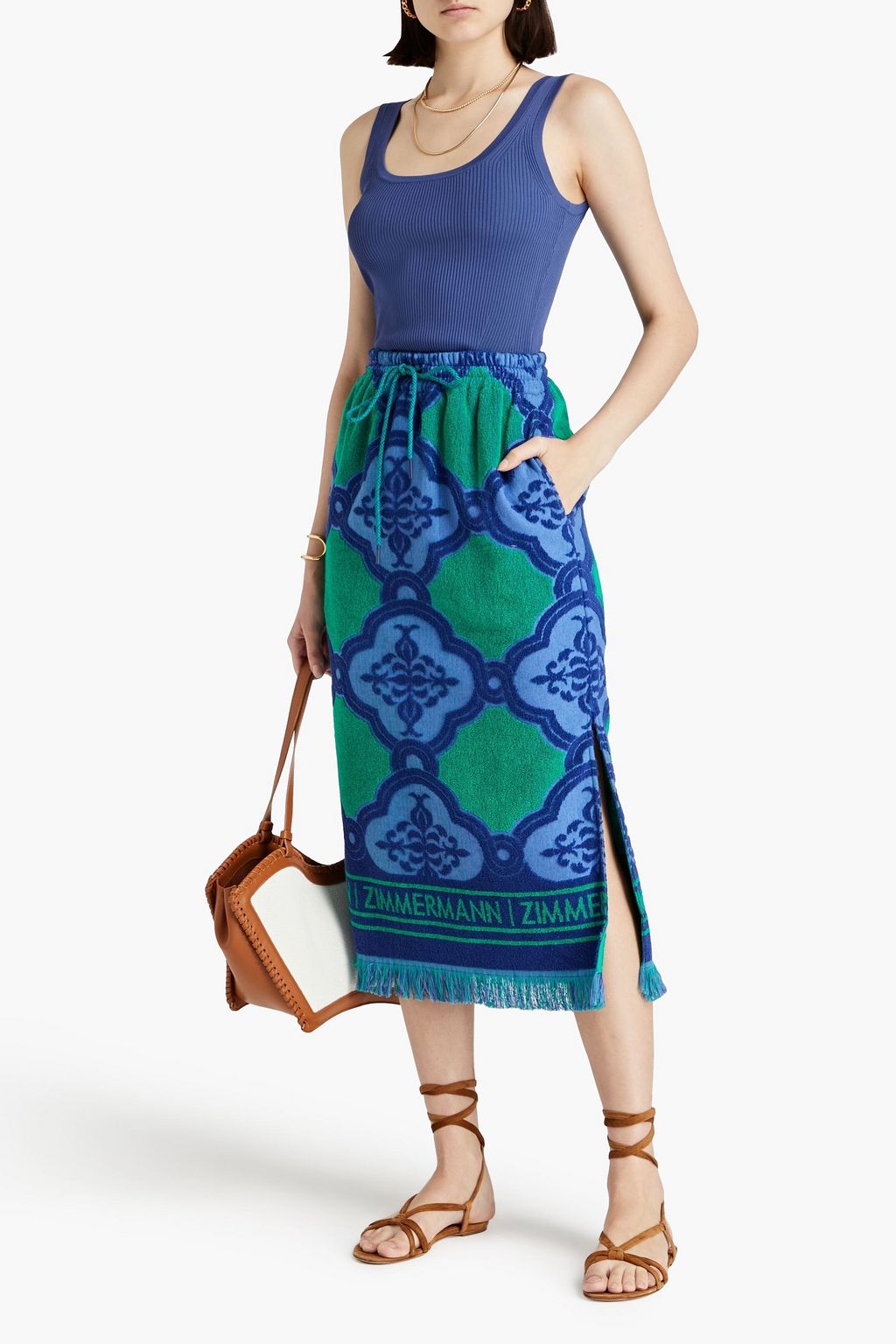 ZIMMERMANN Fringed cotton-terry midi skirt