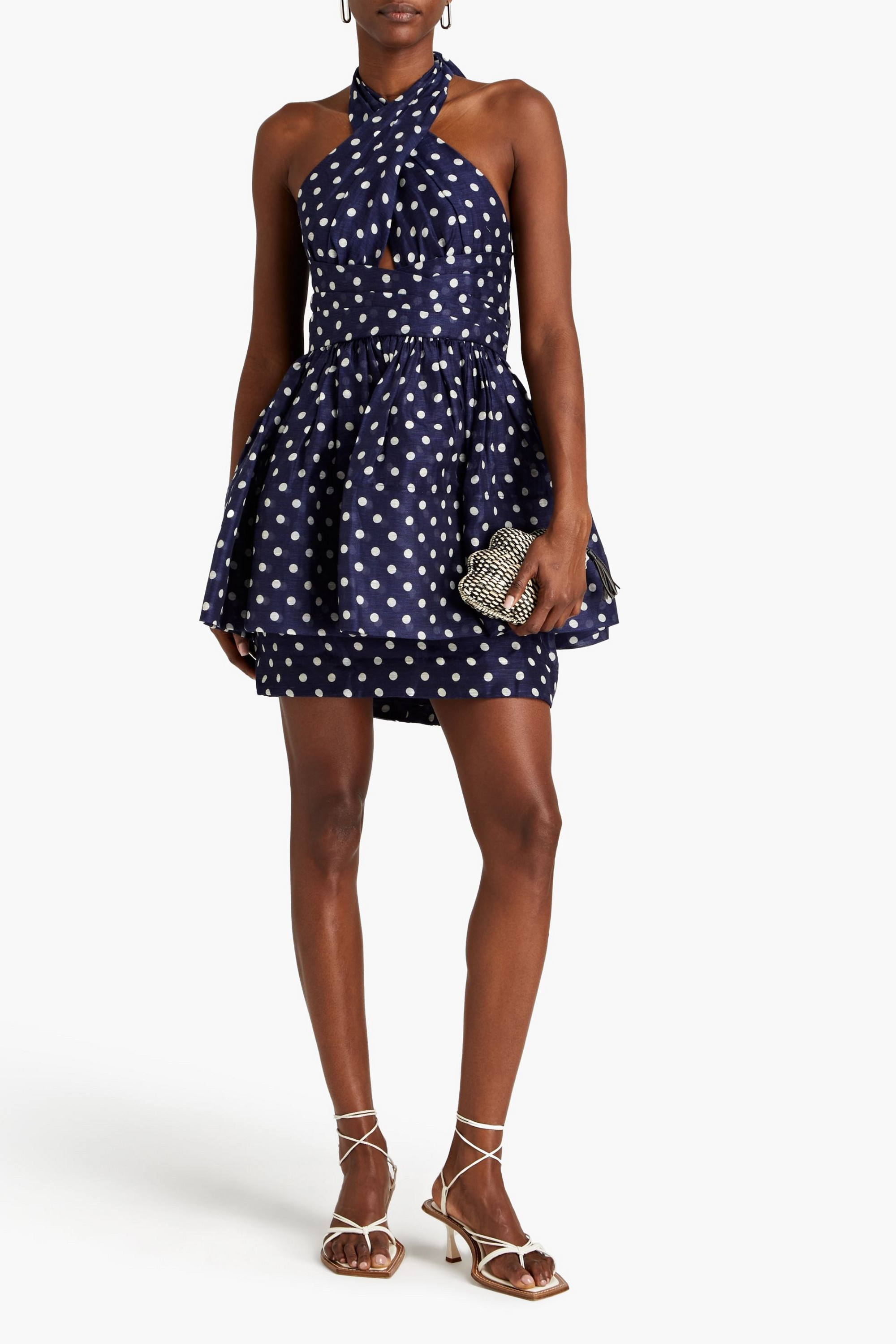 Zimmermann Polka-dot linen and silk-blend peplum mini halter dress