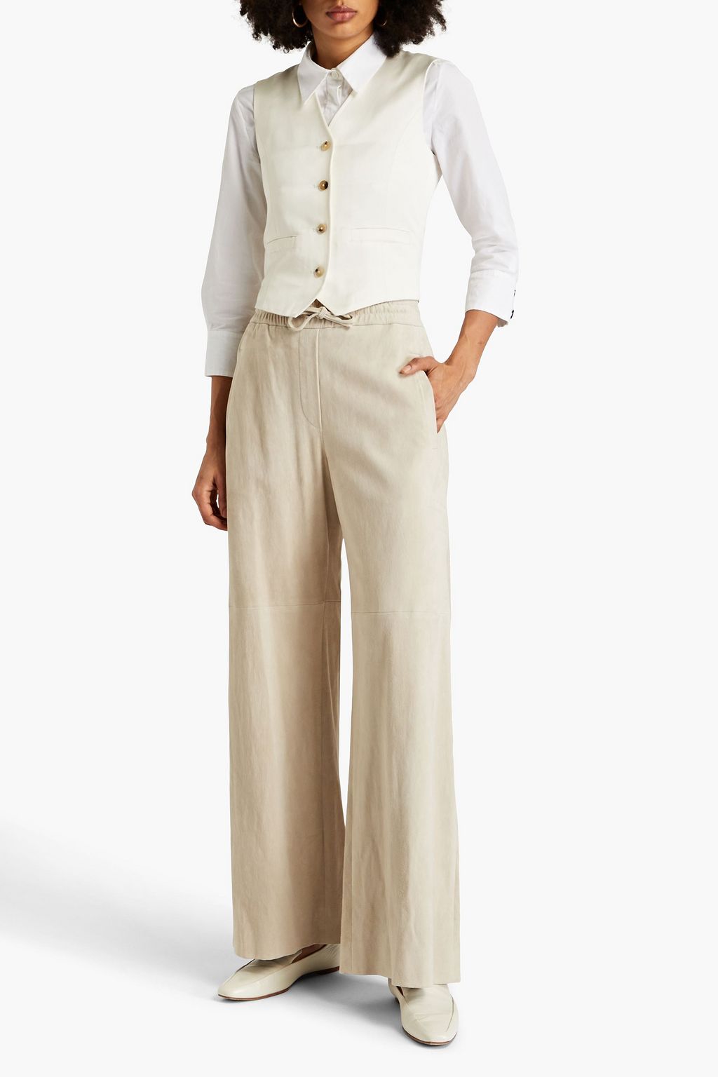 BRUNELLO CUCINELLI 스트레치 스웨이드 와이드 레그 팬츠