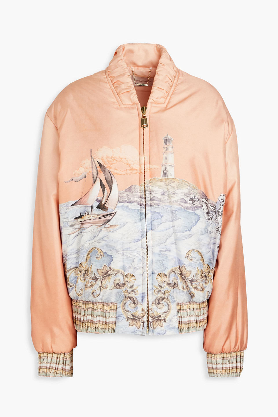 Zimmermann Printed Silk-twill Bomber Jacket In Peach