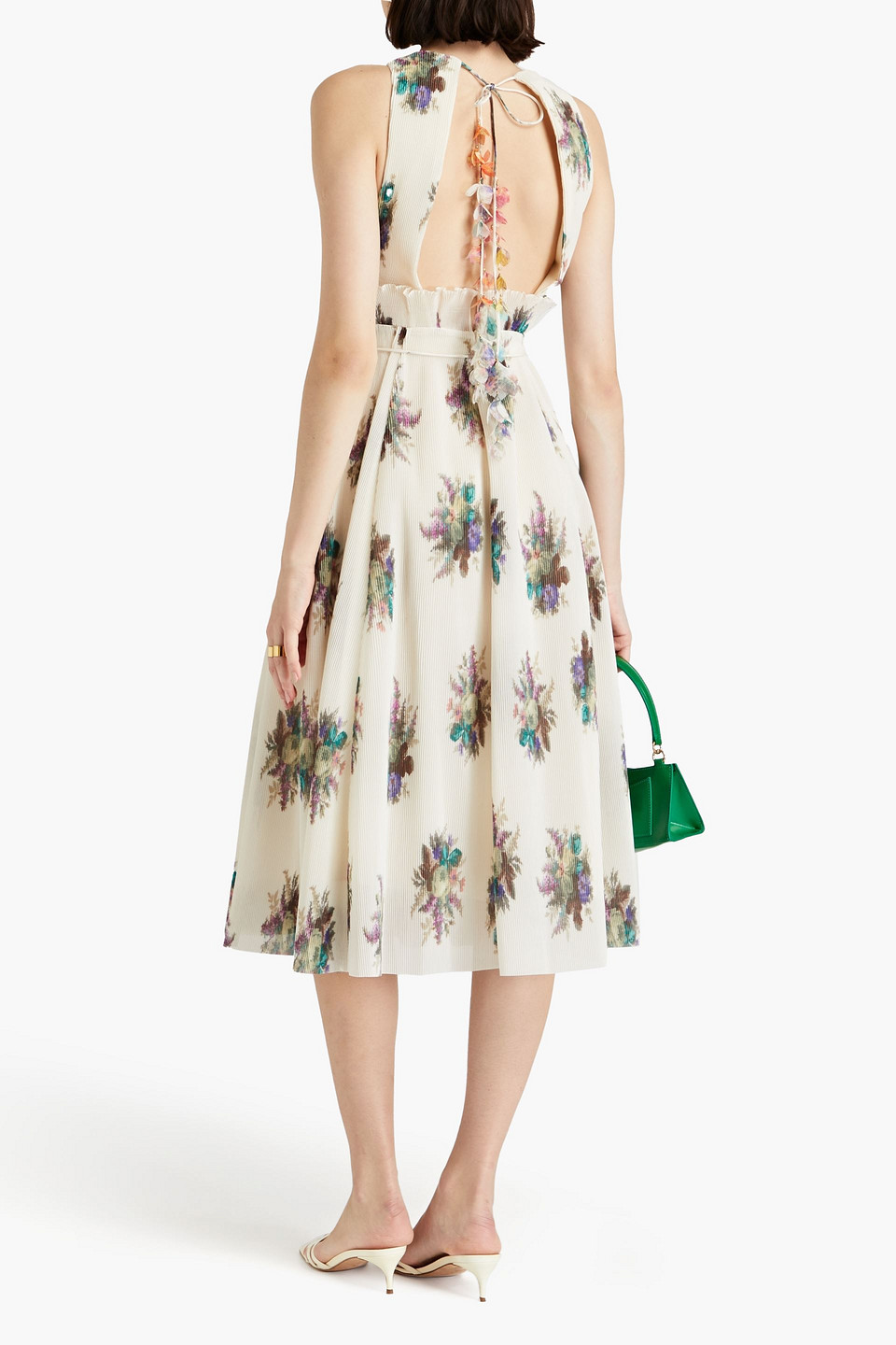 Zimmermann Floral-print Plissé-organza Midi Dress In Ivory