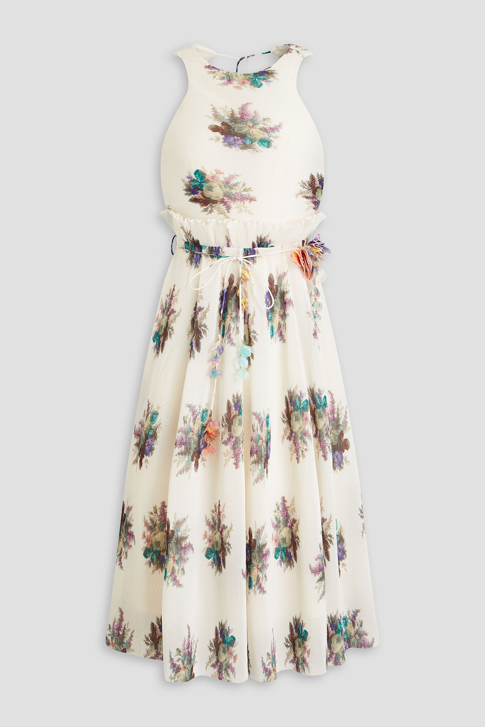 Zimmermann Floral-print Plissé-organza Midi Dress In Ivory