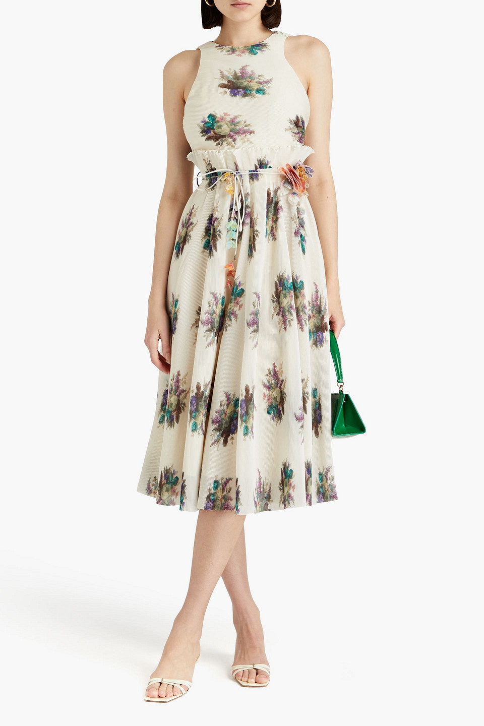 Shop Zimmermann Floral-print Plissé-organza Midi Dress In Ivory