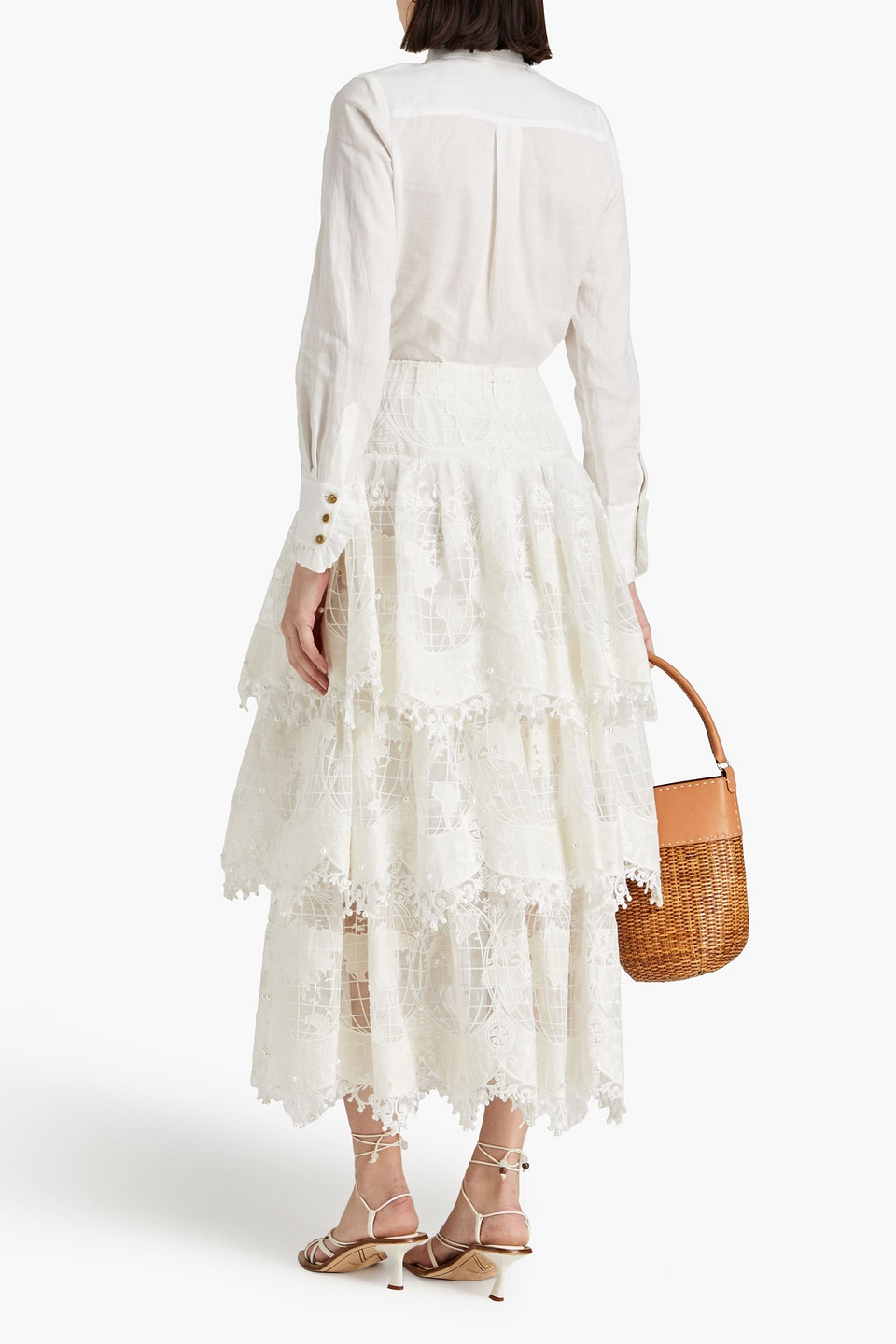 Shop Zimmermann Embellished Tiered Voile And Tulle Maxi Skirt In Ivory