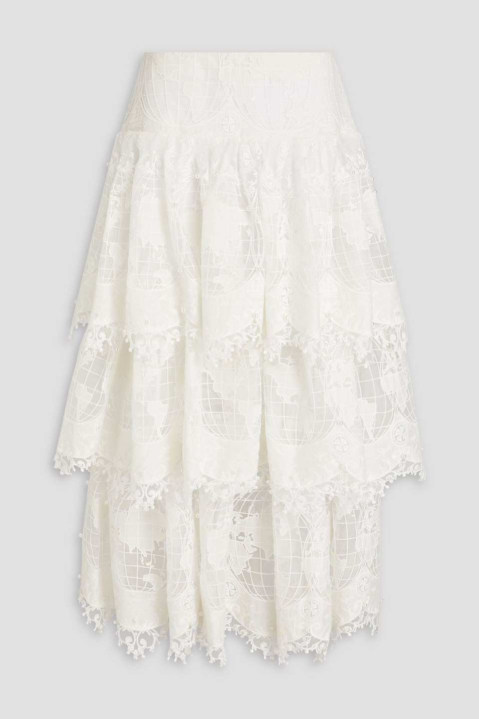 Zimmermann Embellished Tiered Slub Woven Midi Skirt In Ivory