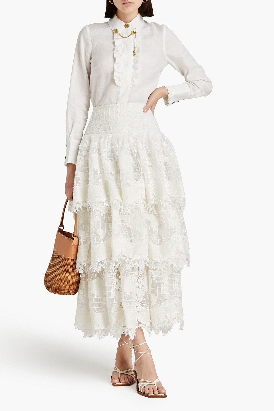 Shop Zimmermann Embellished Tiered Voile And Tulle Maxi Skirt In Ivory