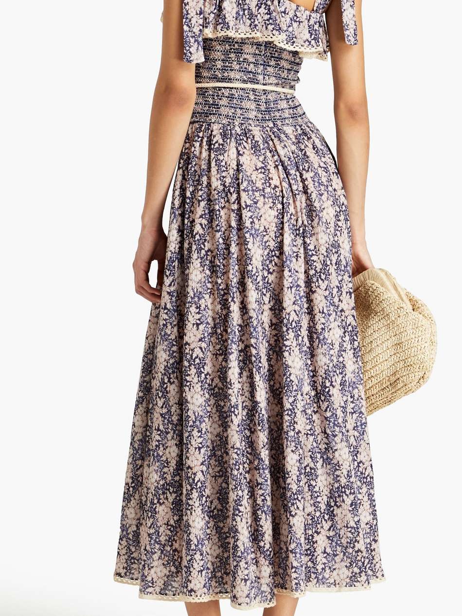 shirred floral-print cotton-blend jacquard midi dress