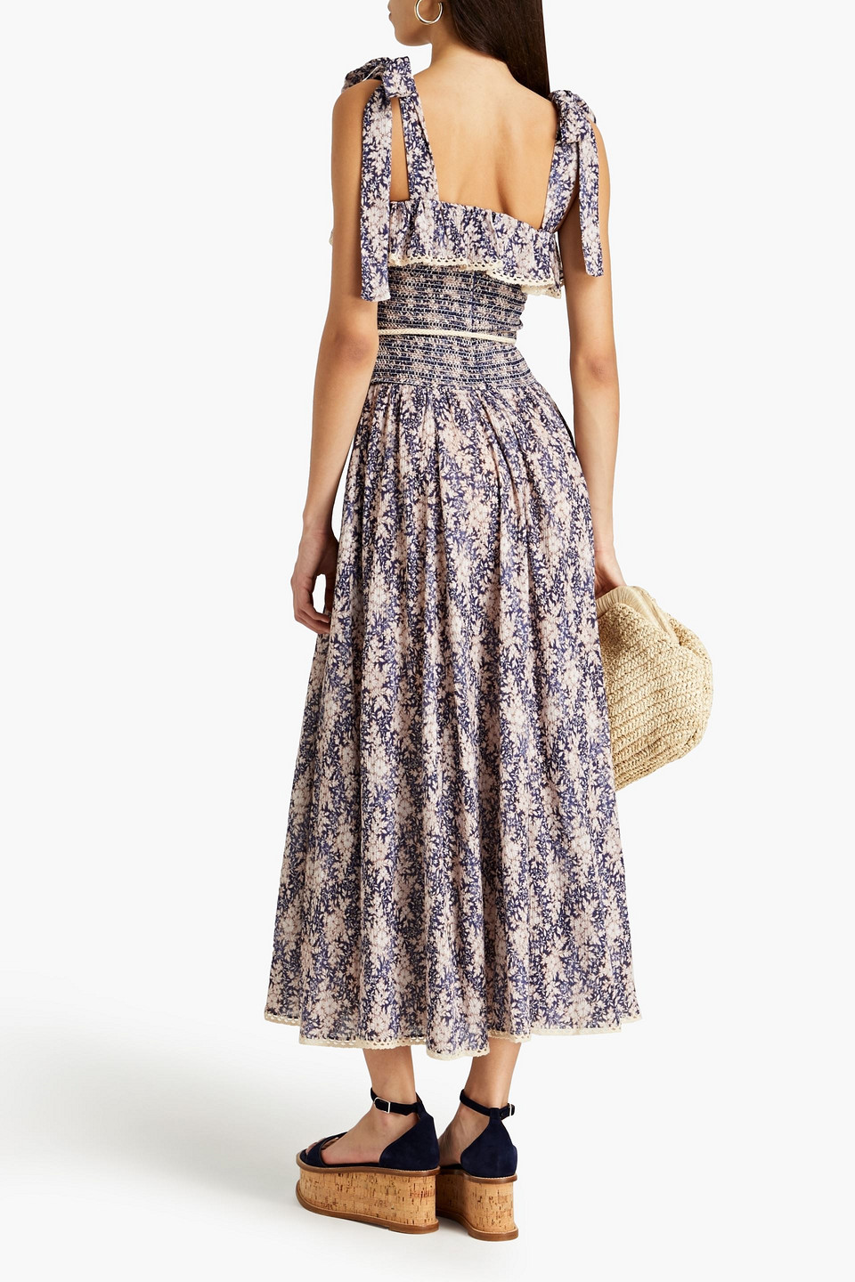 Shop Zimmermann Shirred Floral-print Cotton-blend Jacquard Midi Dress In Navy