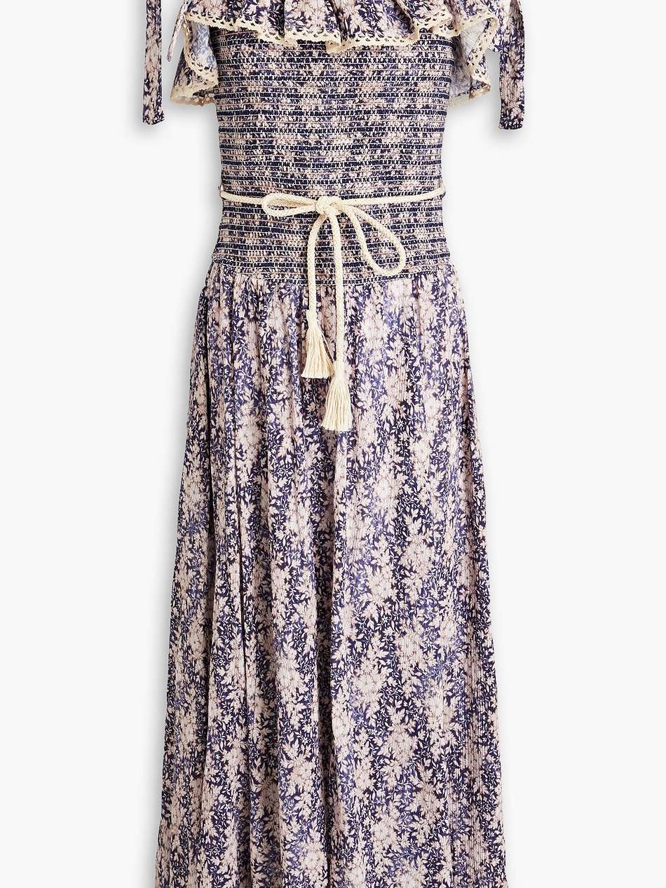 shirred floral-print cotton-blend jacquard midi dress
