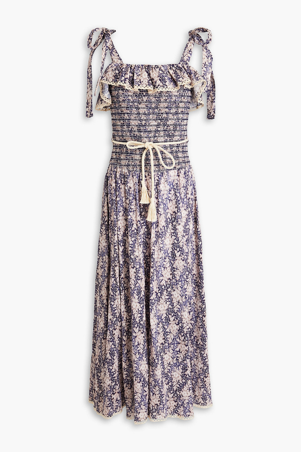 Zimmermann Shirred Floral-print Cotton-blend Jacquard Midi Dress In Navy