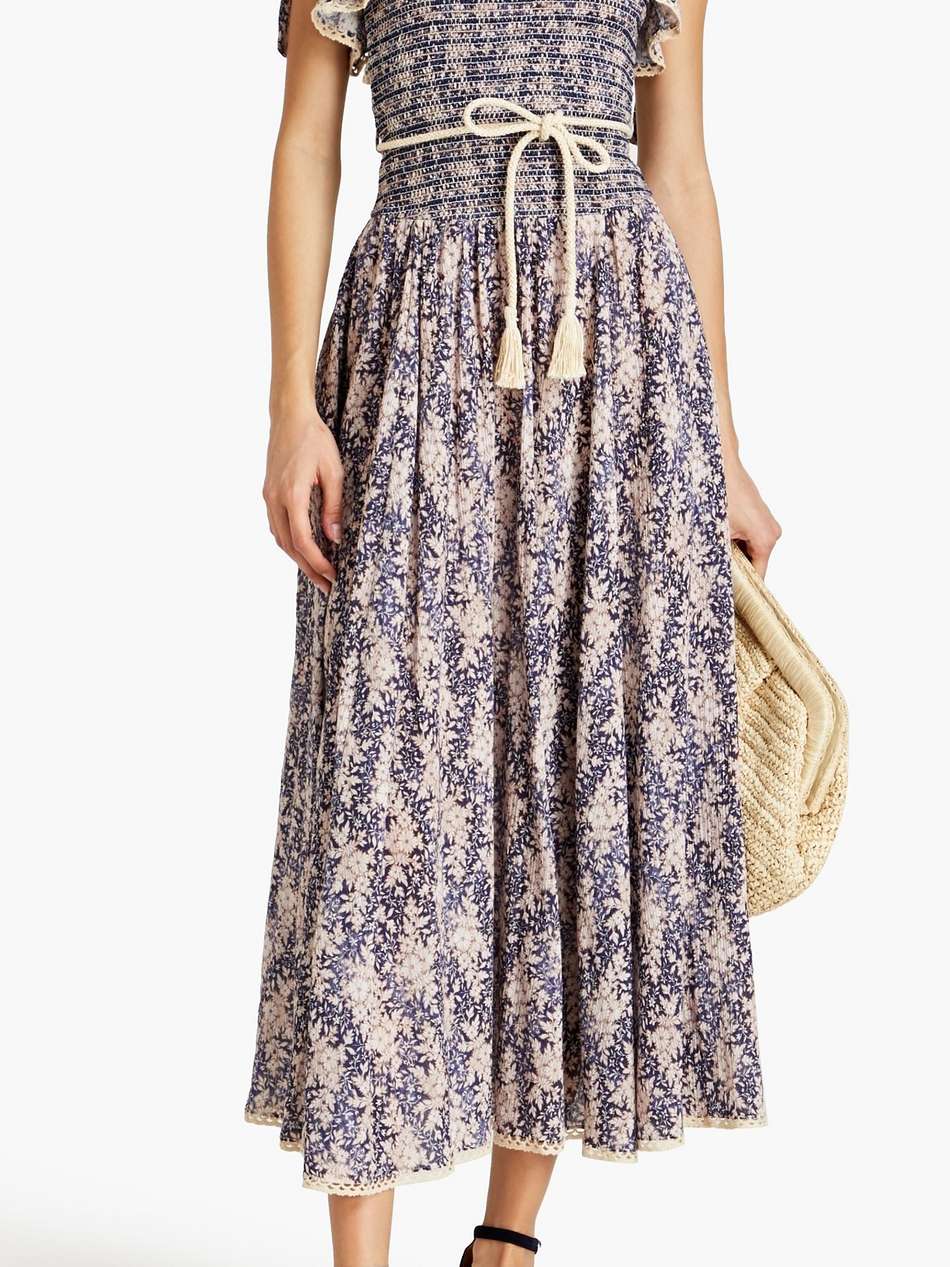shirred floral-print cotton-blend jacquard midi dress