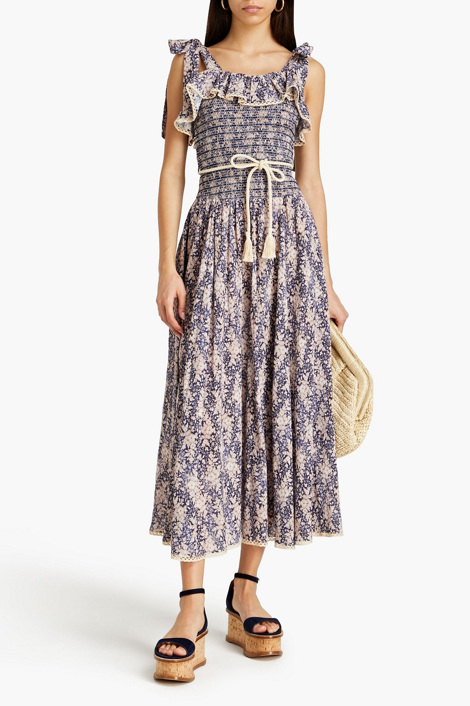 Shop Zimmermann Shirred Floral-print Cotton-blend Jacquard Midi Dress In Navy