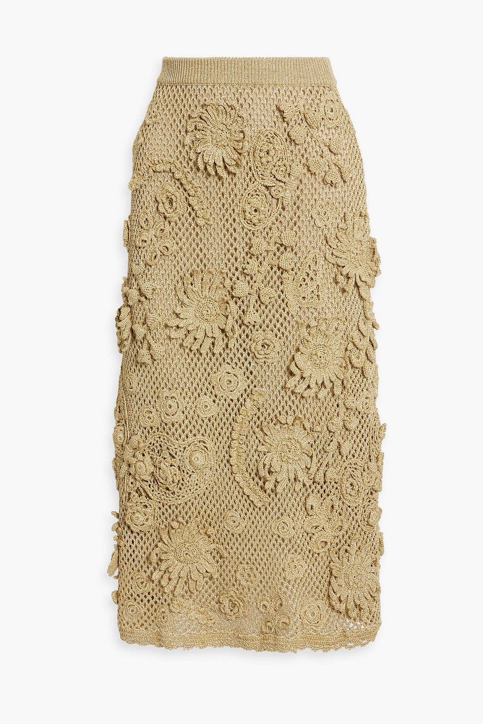 Appliquéd metallic crochet midi skirt