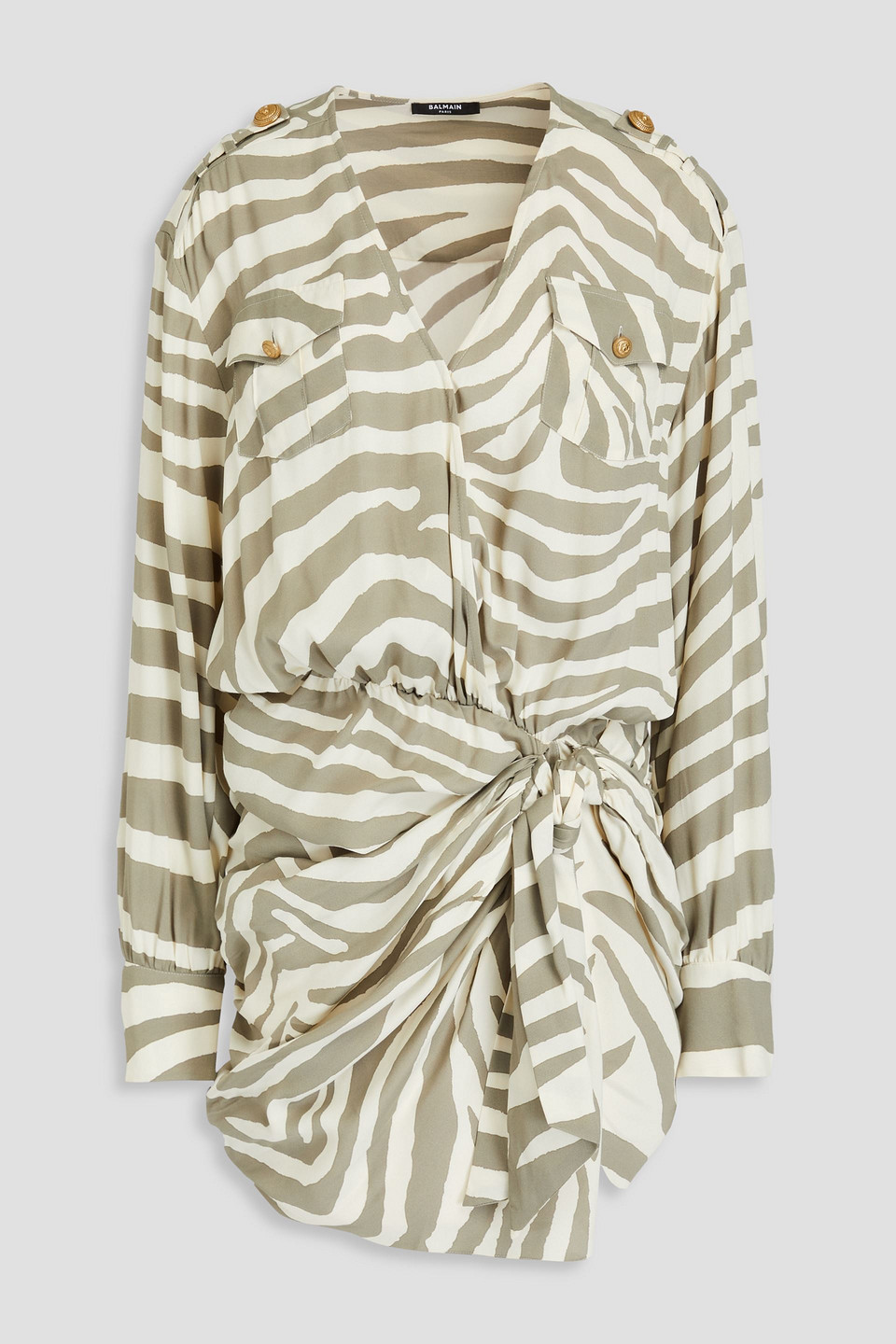 Balmain Ruched Zebra-print Twill Mini Dress In Green