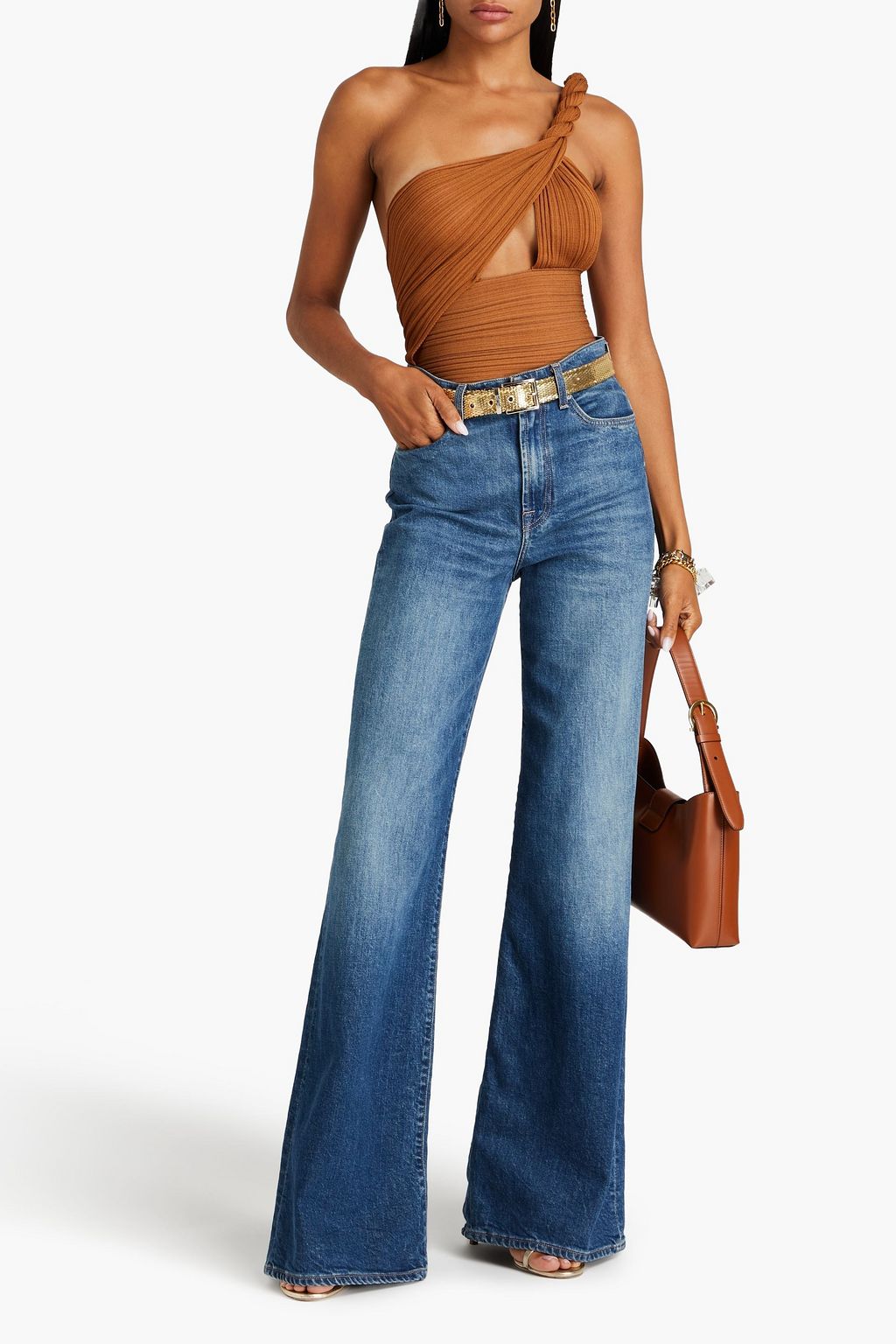BALMAIN One-shoulder cropped cutout ribbed-knit top