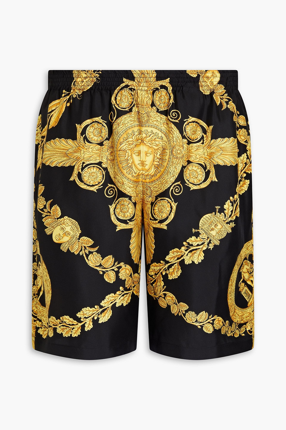 Shop Versace Printed Silk-twill Shorts In Yellow