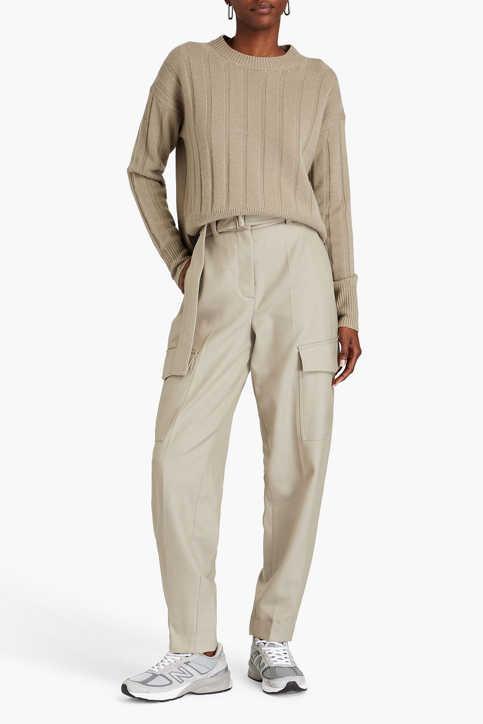 JOSEPH DEVONPORT BELTED WOOL-BLEND TWILL TAPERED PANTS