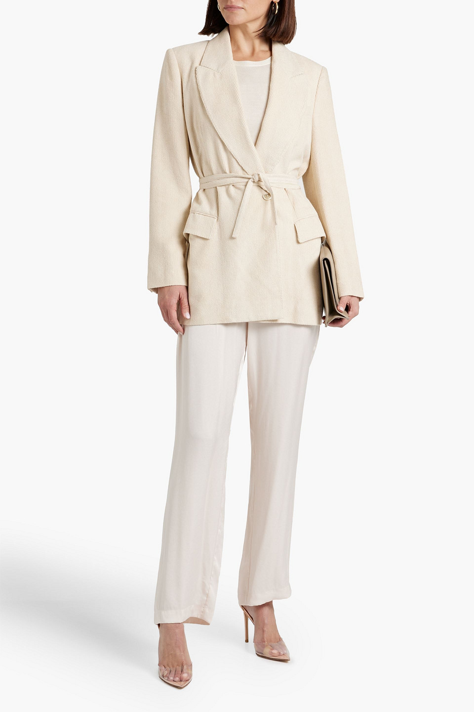 Brunello Cucinelli Belted Bead-embellished Corduroy Blazer In Ecru
